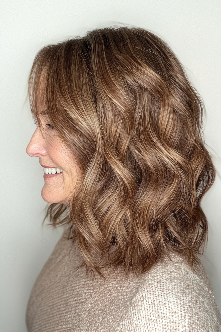 15. Wavy Lob with Caramel Brown (Senior Haircuts For Older Women) - Senior Haircuts For Older Women