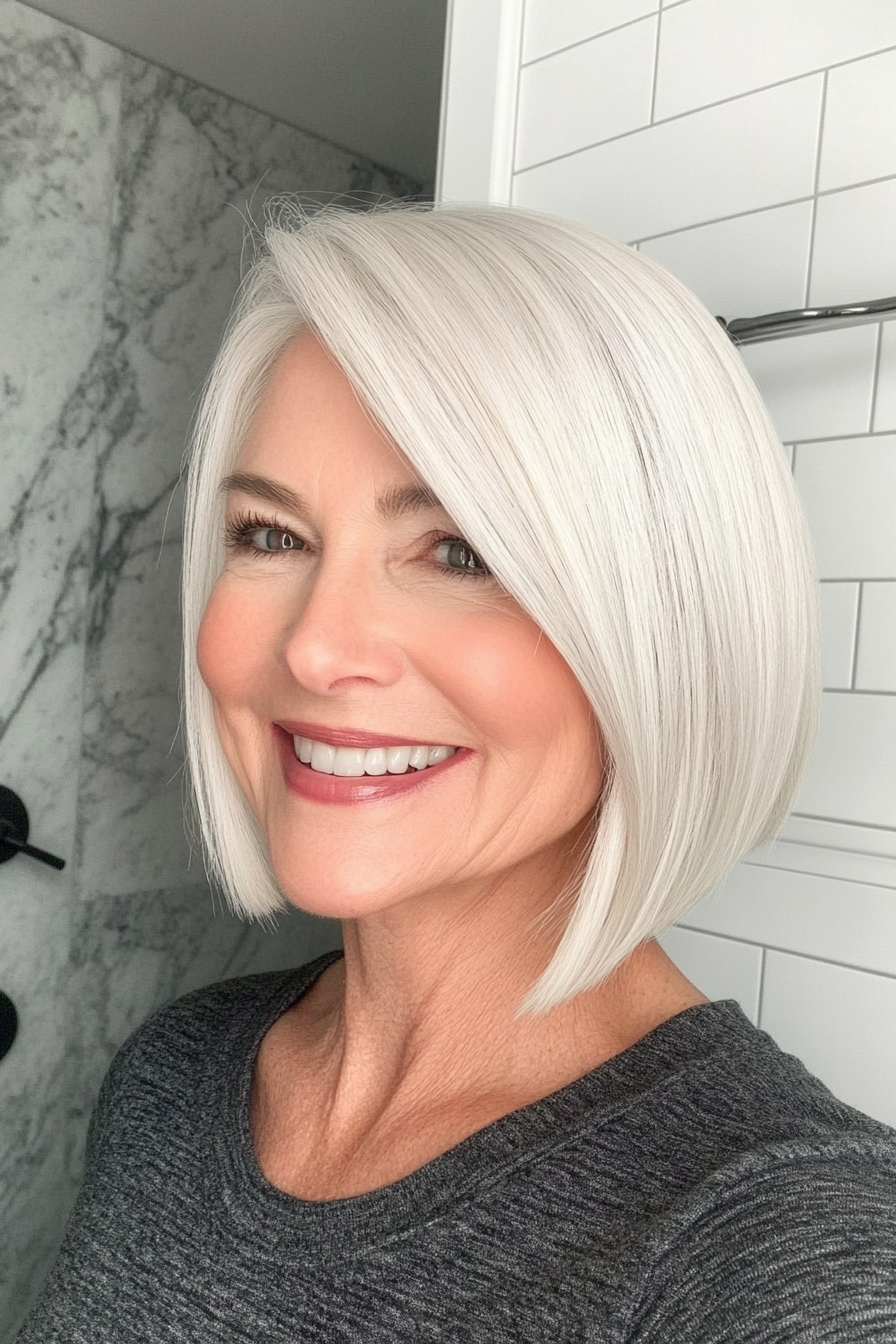 19. Angled Bob with Natural White (Senior Haircuts For Older Women) - Senior Haircuts For Older Women