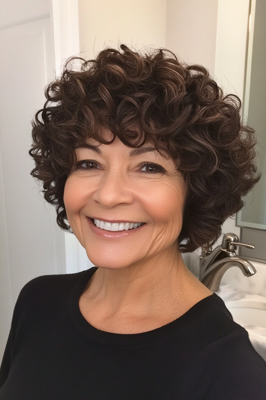 23. Short Layered Curls with Deep Brown (Senior Haircuts For Older Women) - Senior Haircuts For Older Women