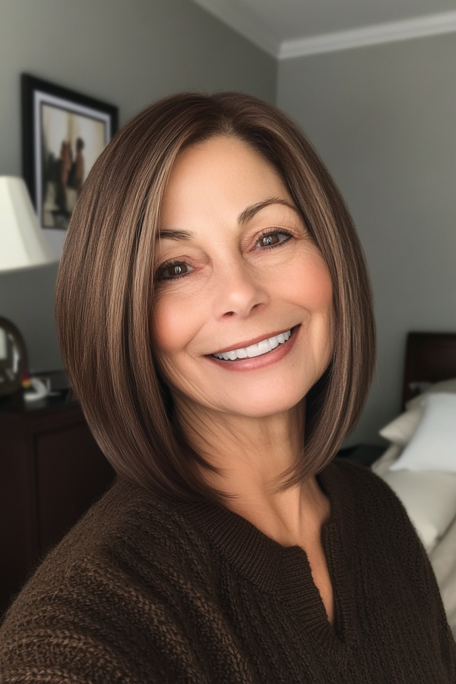 25. Sleek Lob with Natural Brunette (Senior Haircuts For Older Women) - Senior Haircuts For Older Women