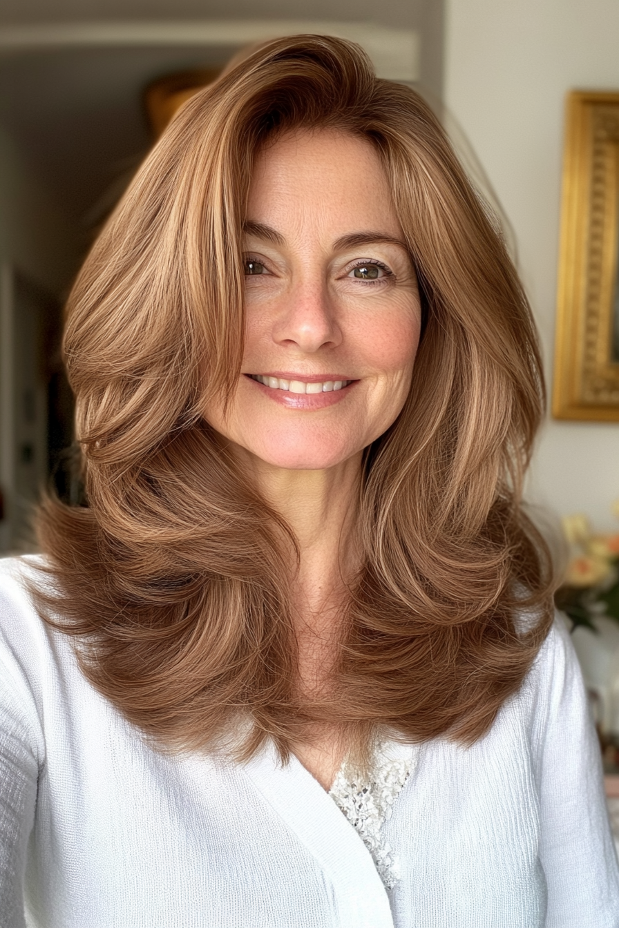 1. Feathered Layers with Soft Chestnut (Layered Haircuts For Women Over 50) - Layered Haircuts For Women Over 50