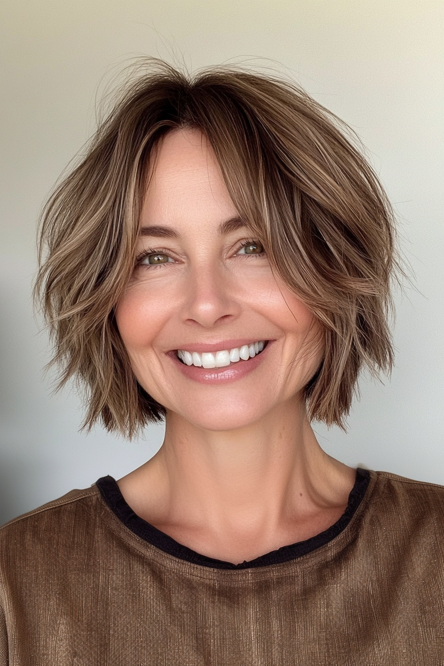 2. Choppy Bob with Ash Brown Tones (Layered Haircuts For Women Over 50) - Layered Haircuts For Women Over 50