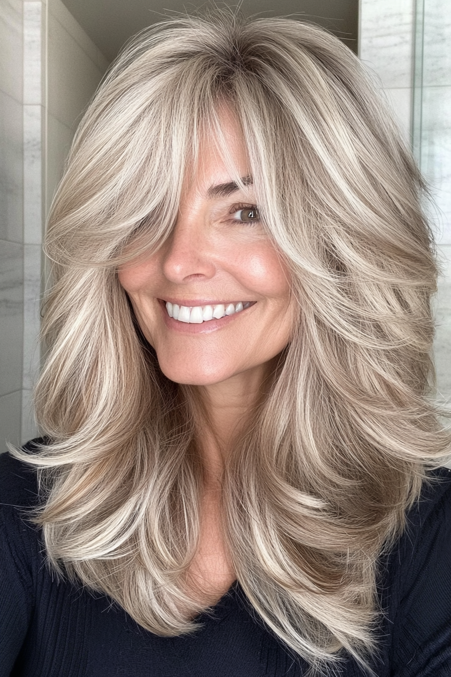 3. Layered Lob with Sandy Blonde Highlights (Layered Haircuts For Women Over 50) - Layered Haircuts For Women Over 50