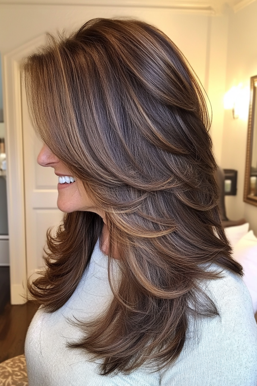 4. Long Layers with Dark Brown Blend (Layered Haircuts For Women Over 50) - Layered Haircuts For Women Over 50