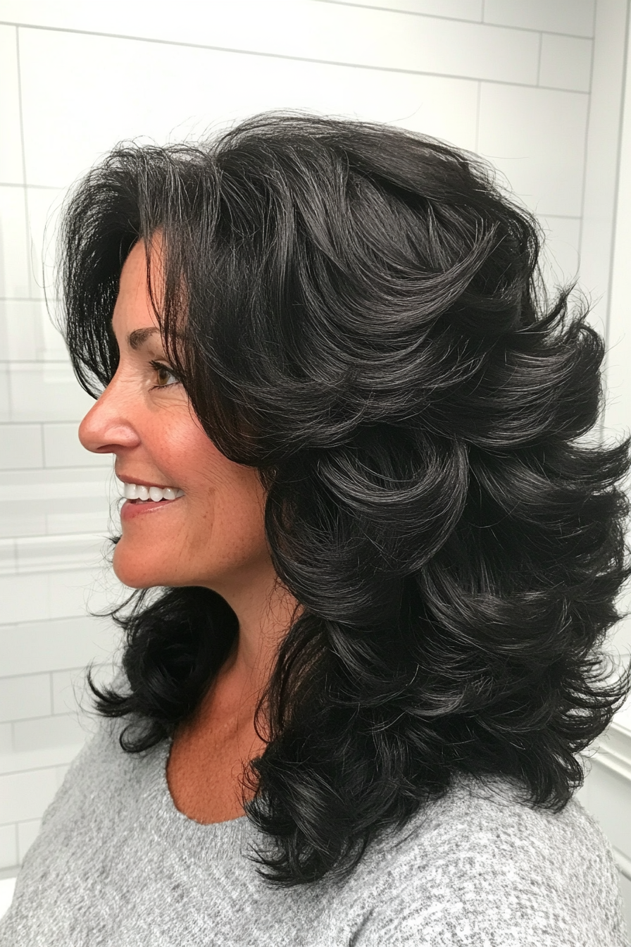 6. Curly Layers with Deep Black Shine (Layered Haircuts For Women Over 50) - Layered Haircuts For Women Over 50