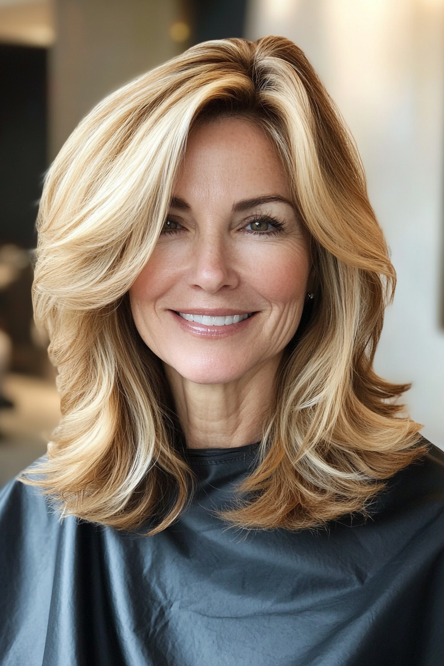9. Shoulder-Length Layers with Golden Blonde (Layered Haircuts For Women Over 50) - Layered Haircuts For Women Over 50