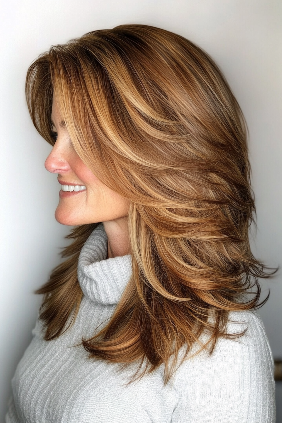 12. Medium Layers with Chestnut Highlights (Layered Haircuts For Women Over 50) - Layered Haircuts For Women Over 50
