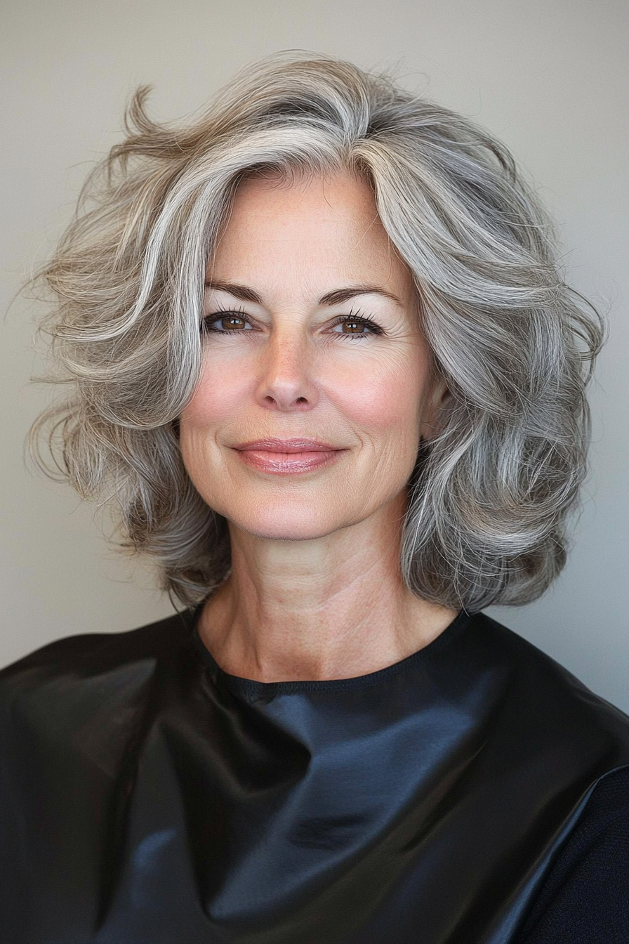 14. Wavy Layers with Salt and Pepper (Layered Haircuts For Women Over 50) - Layered Haircuts For Women Over 50
