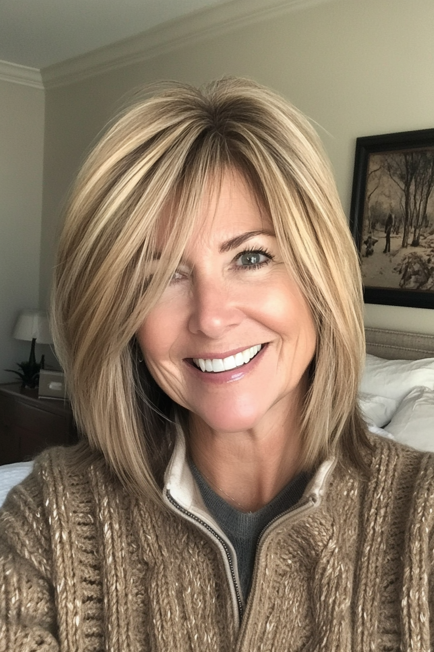 15. Angled Layers with Honey Blonde (Layered Haircuts For Women Over 50) - Layered Haircuts For Women Over 50