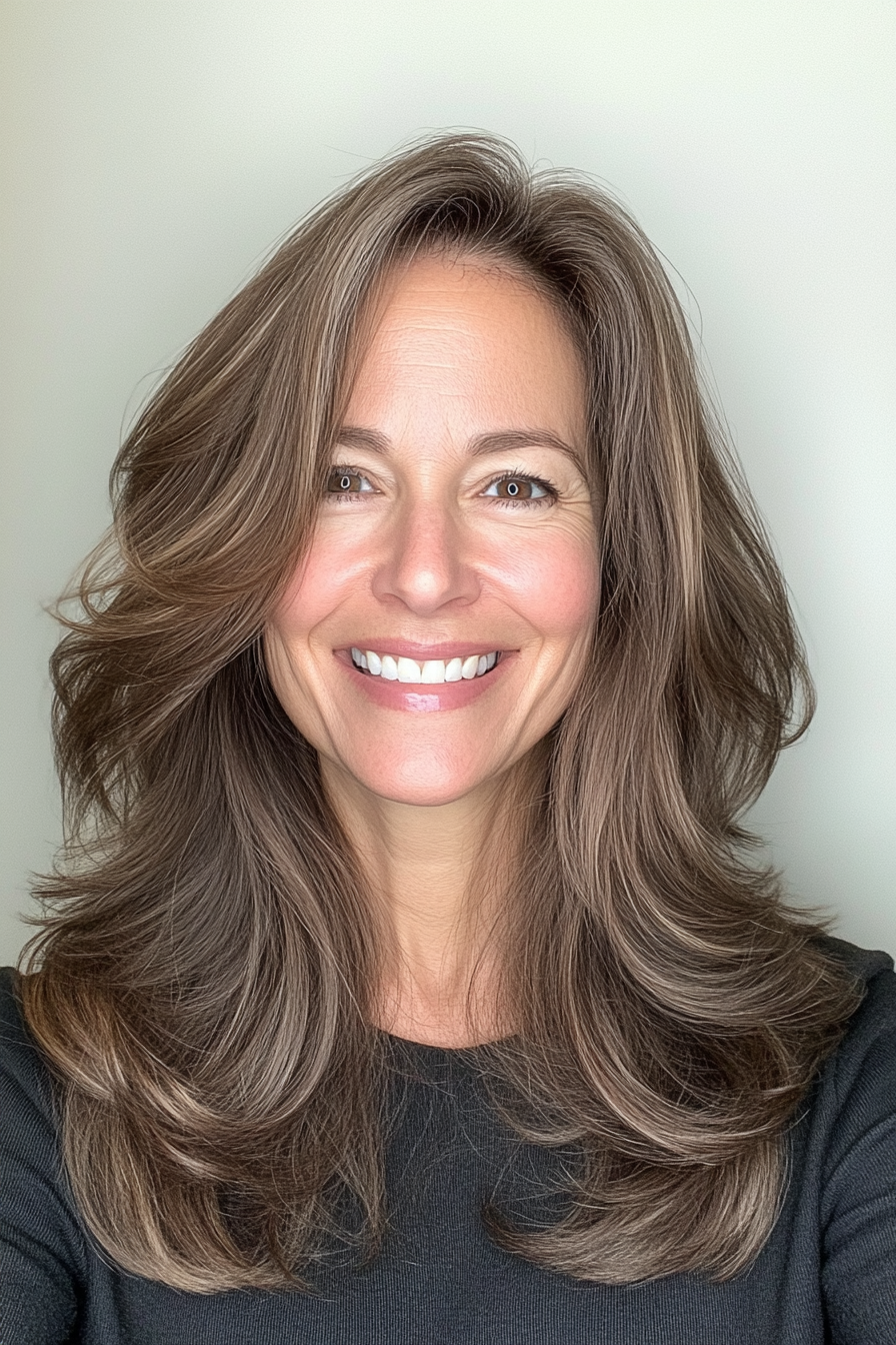 16. Swoopy Layers with Medium Brown (Layered Haircuts For Women Over 50) - Layered Haircuts For Women Over 50