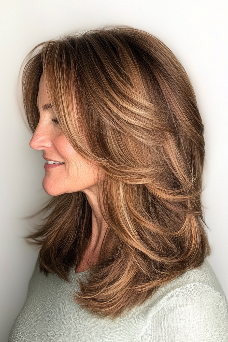 18. Face-Framing Layers with Caramel Brown (Layered Haircuts For Women Over 50) - Layered Haircuts For Women Over 50