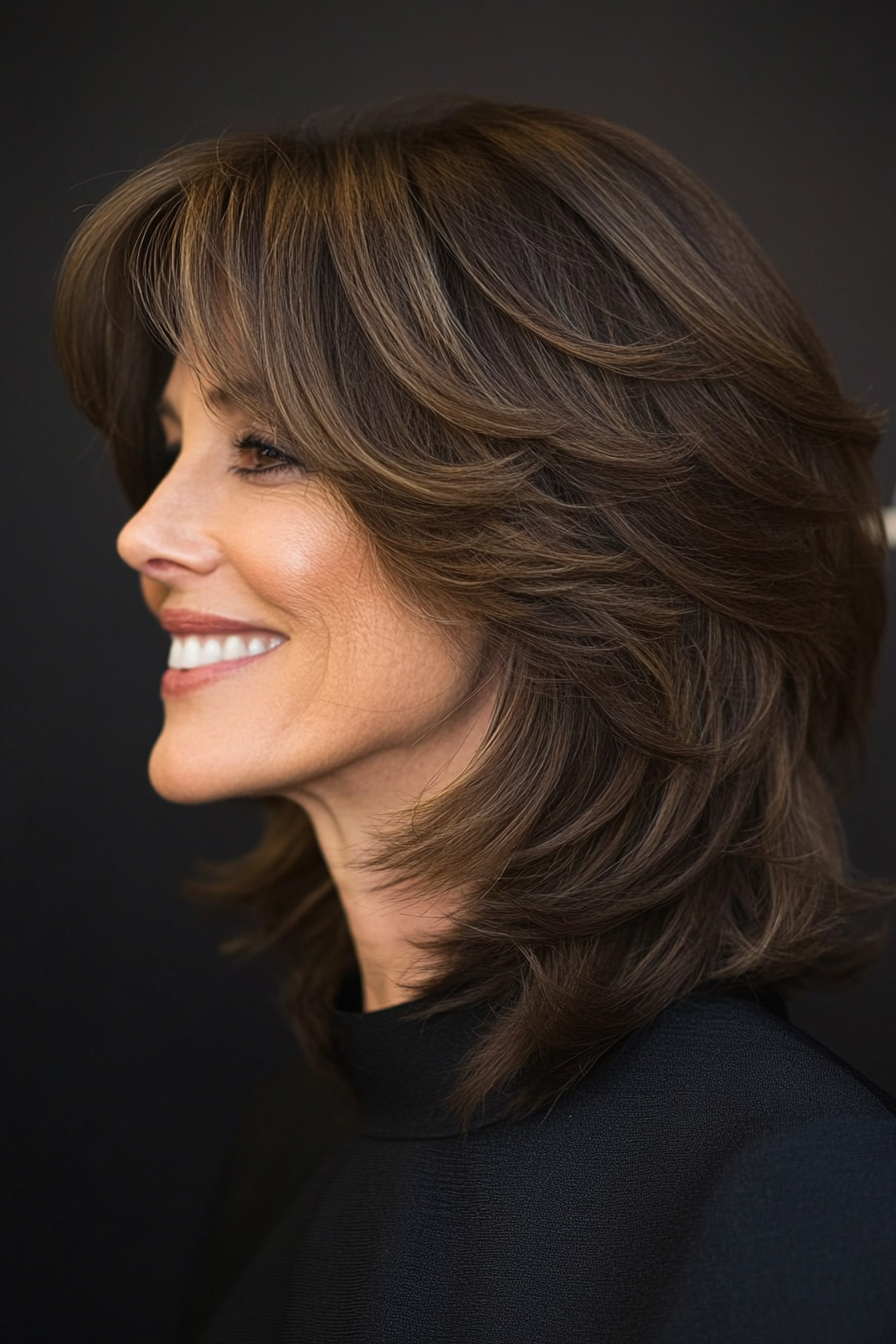 19. Shoulder Shag with Earthy Brunette (Layered Haircuts For Women Over 50) - Layered Haircuts For Women Over 50