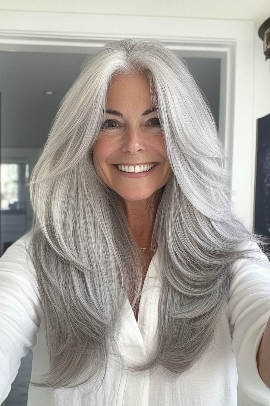 21. Long Feathered Layers with Silver Gray (Layered Haircuts For Women Over 50) - Layered Haircuts For Women Over 50