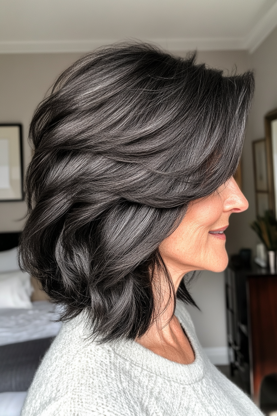 26. Textured Lob with Soft Black (Layered Haircuts For Women Over 50) - Layered Haircuts For Women Over 50