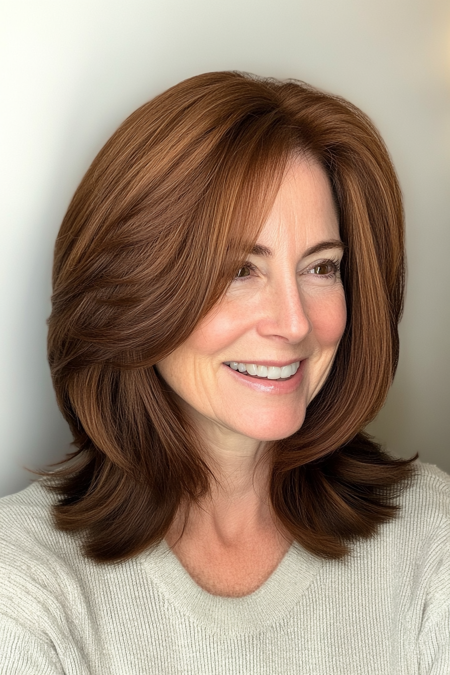 2. Layered Mid-Length Cut in Chestnut Brown (Medium Length Hairstyles For Women Over 60) - Medium Length Hairstyles For Women Over 60