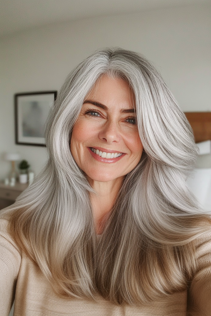 6. Mid-Length Cut with Silver Balayage (Medium Length Hairstyles For Women Over 60) - Medium Length Hairstyles For Women Over 60