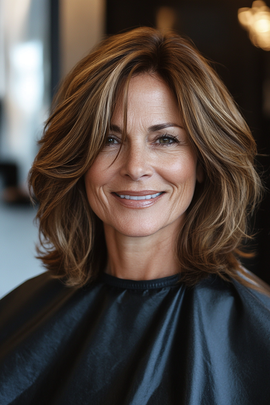 11. Face-Framing Layers in Warm Caramel Brown (Medium Length Hairstyles For Women Over 60) - Medium Length Hairstyles For Women Over 60