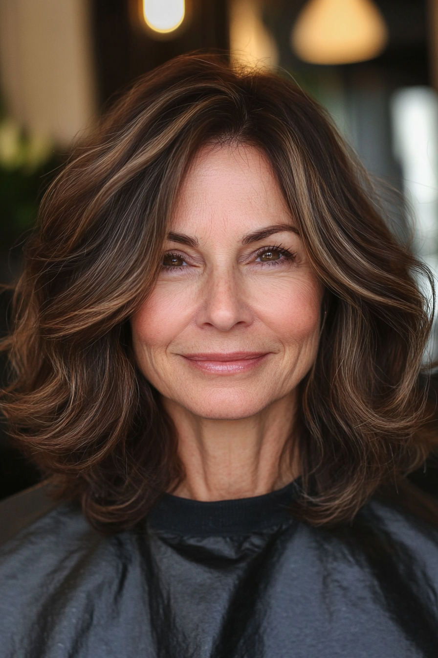 12. Medium Wavy Cut with Deep Brown (Medium Length Hairstyles For Women Over 60) - Medium Length Hairstyles For Women Over 60