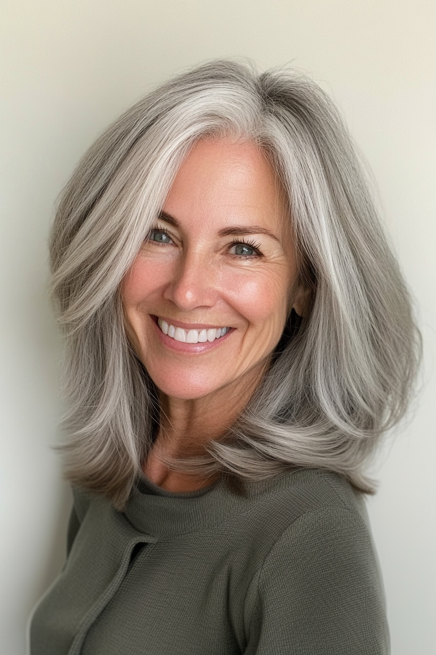14. Rounded Medium Cut with Silver Gray (Medium Length Hairstyles For Women Over 60) - Medium Length Hairstyles For Women Over 60