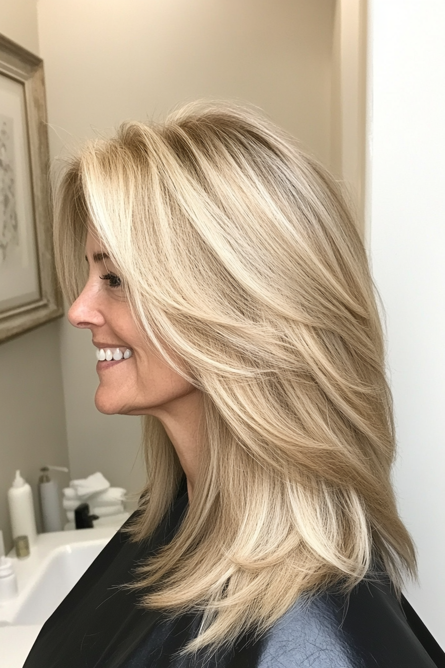 16. Layered Shoulder Cut with Beige Blonde (Medium Length Hairstyles For Women Over 60) - Medium Length Hairstyles For Women Over 60