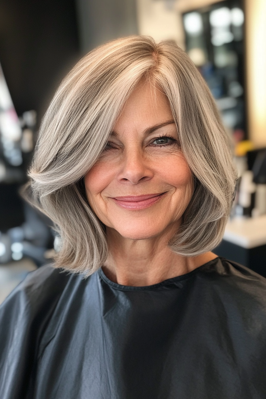 17. Angled Lob with Smoky Gray (Medium Length Hairstyles For Women Over 60) - Medium Length Hairstyles For Women Over 60