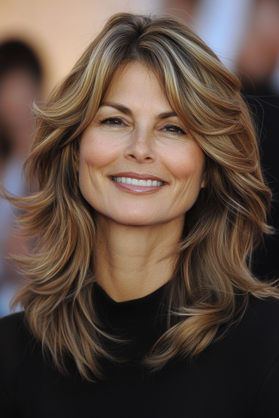 18. Flipped Out Medium Style with Golden Brown (Medium Length Hairstyles For Women Over 60) - Medium Length Hairstyles For Women Over 60