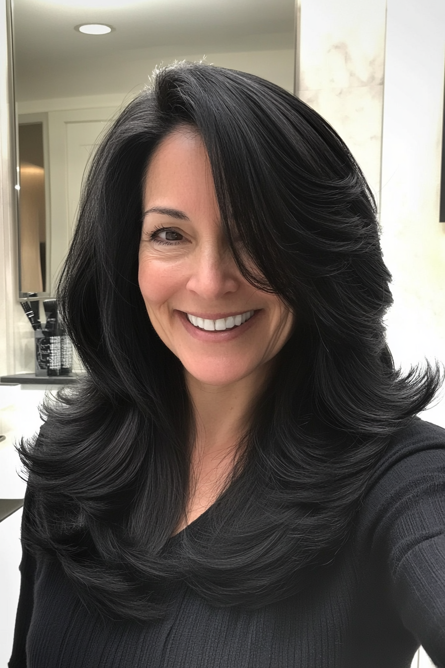 20. Medium-Layered Cut in Soft Black (Medium Length Hairstyles For Women Over 60) - Medium Length Hairstyles For Women Over 60