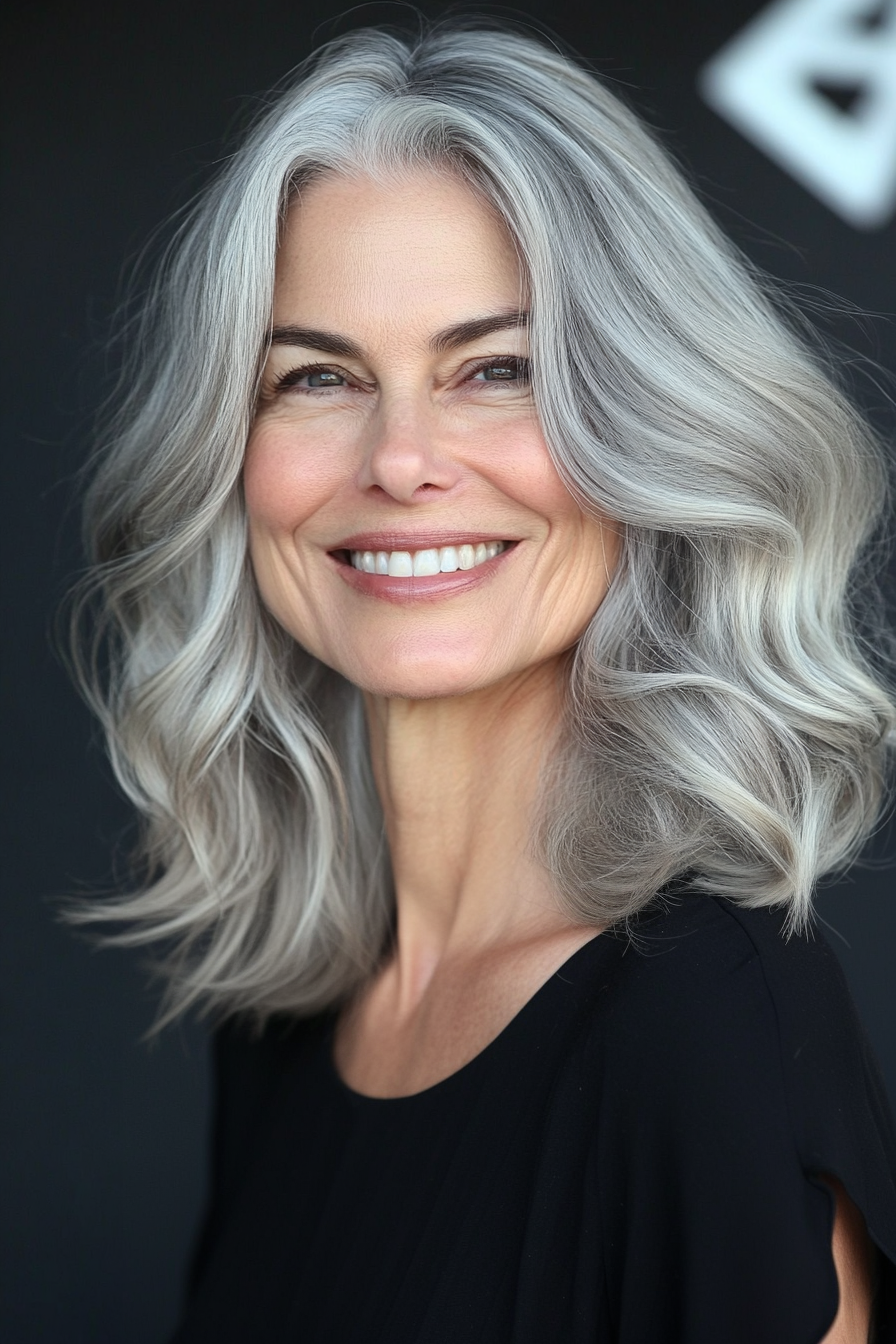 22. Shoulder-Length Waves with Natural Gray (Medium Length Hairstyles For Women Over 60) - Medium Length Hairstyles For Women Over 60