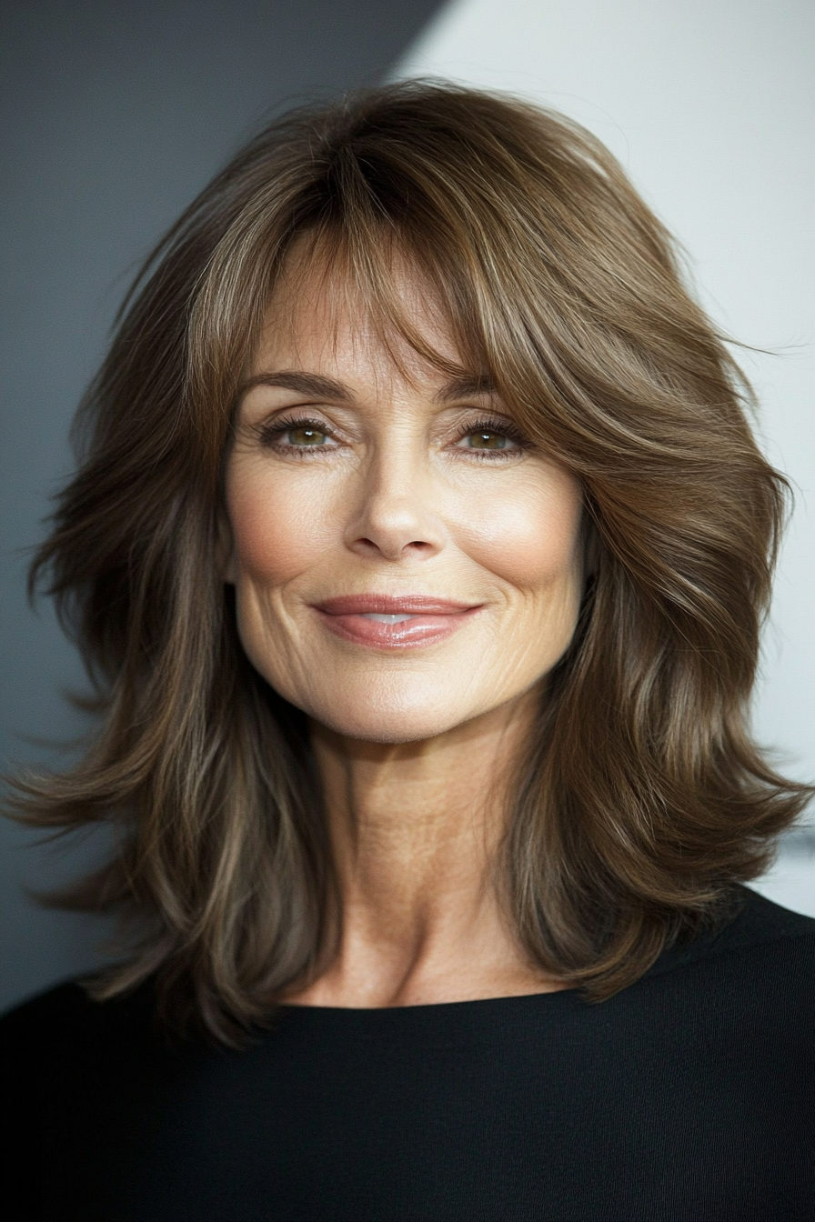 1. Feathered Lob in Ash Brown (Medium Length Haircuts For Women Over 40) - Medium Length Haircuts For Women Over 40