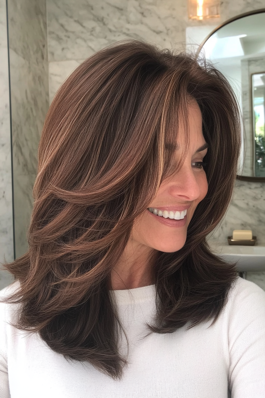 4. Layered Collarbone Cut in Soft Chestnut Brown (Medium Length Haircuts For Women Over 40) - Medium Length Haircuts For Women Over 40
