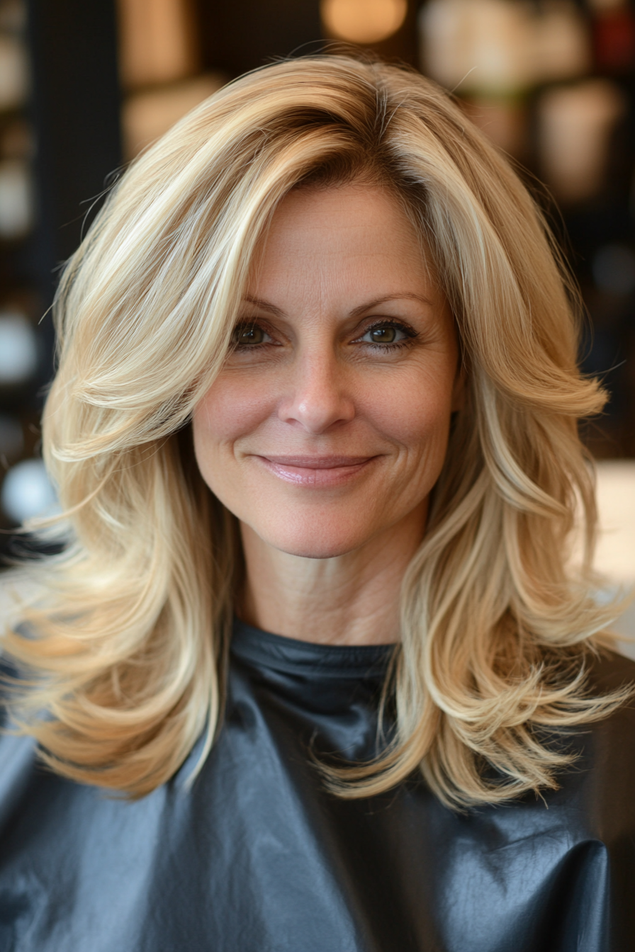 5. Side-Parted Medium Layers in Sandy Blonde (Medium Length Haircuts For Women Over 40) - Medium Length Haircuts For Women Over 40