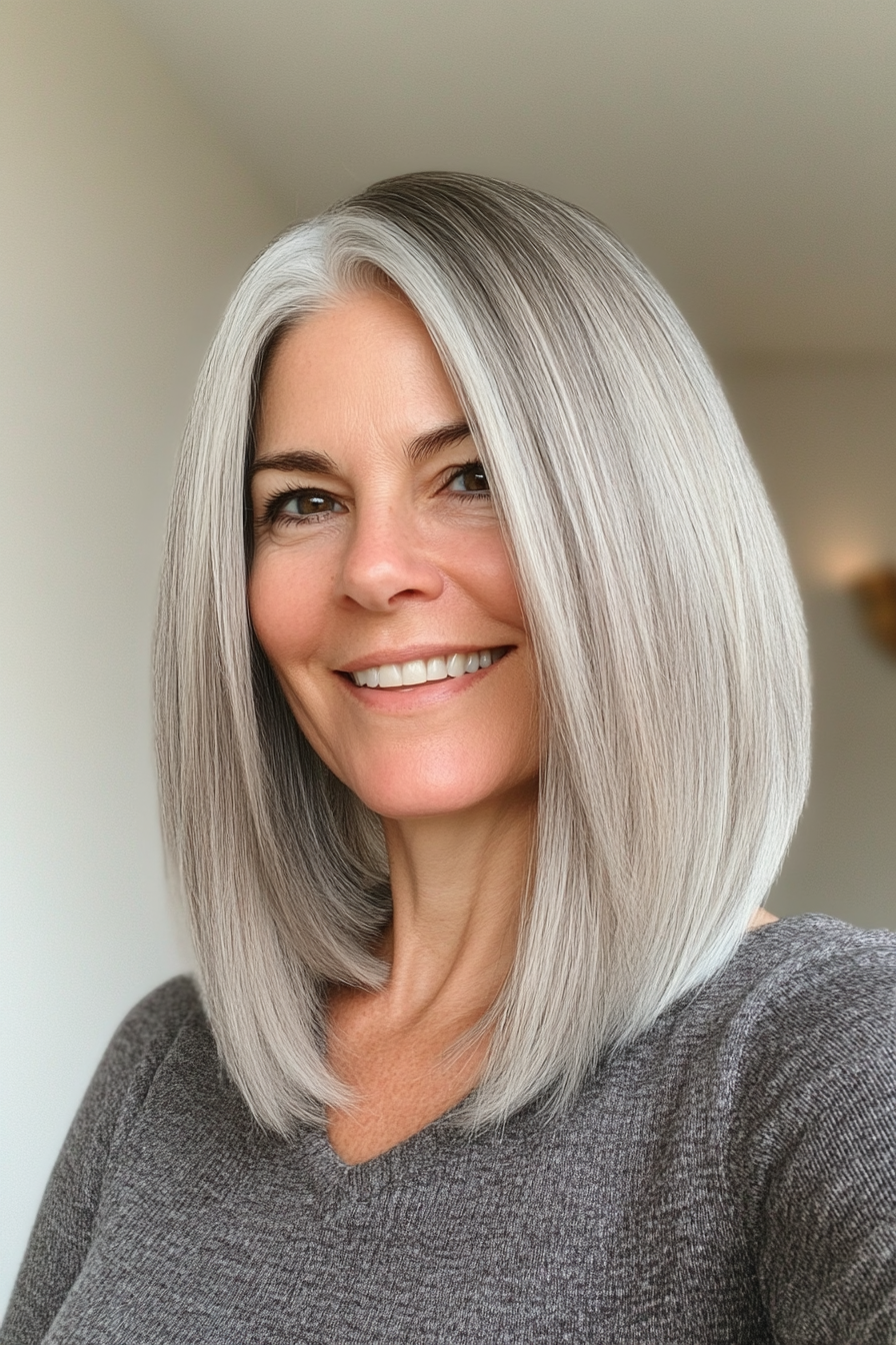 6. Angled Lob in Natural Gray Blend (Medium Length Haircuts For Women Over 40) - Medium Length Haircuts For Women Over 40