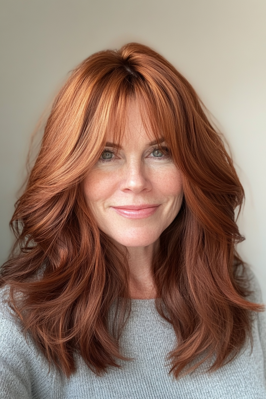 7. Medium Cut with Curtain Bangs in Warm Auburn (Medium Length Haircuts For Women Over 40) - Medium Length Haircuts For Women Over 40