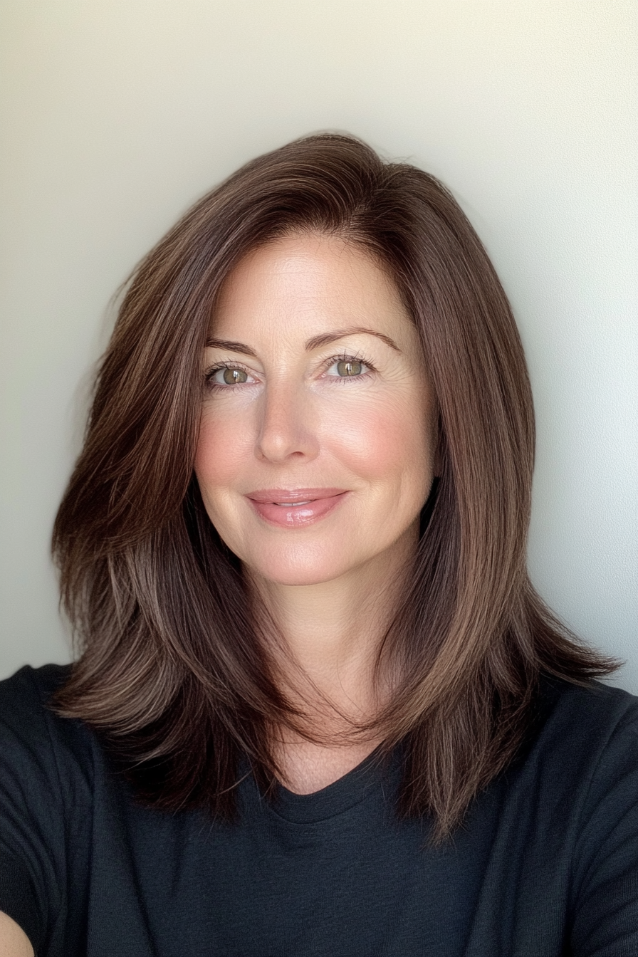 8. Straight Mid-Length Cut in Classic Brunette (Medium Length Haircuts For Women Over 40) - Medium Length Haircuts For Women Over 40