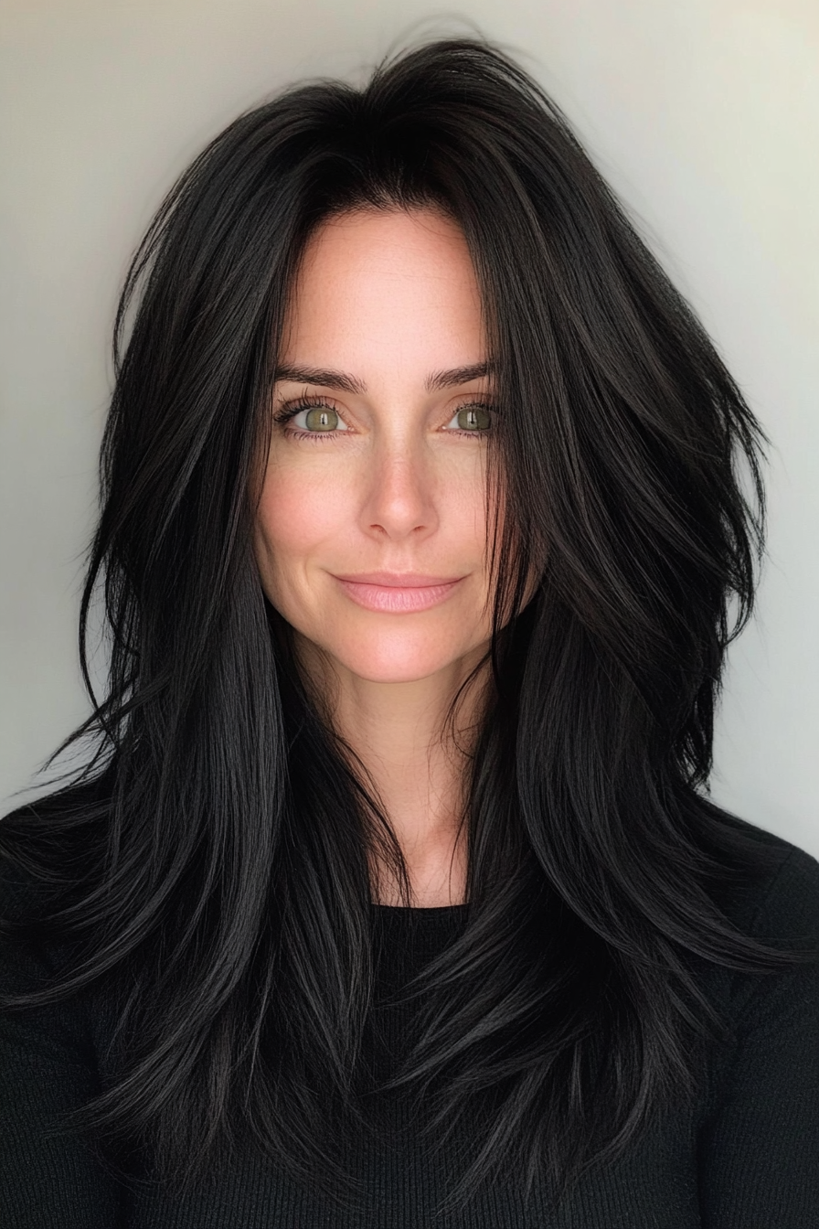 12. Sleek Mid-Length Layers in Jet Black (Medium Length Haircuts For Women Over 40) - Medium Length Haircuts For Women Over 40