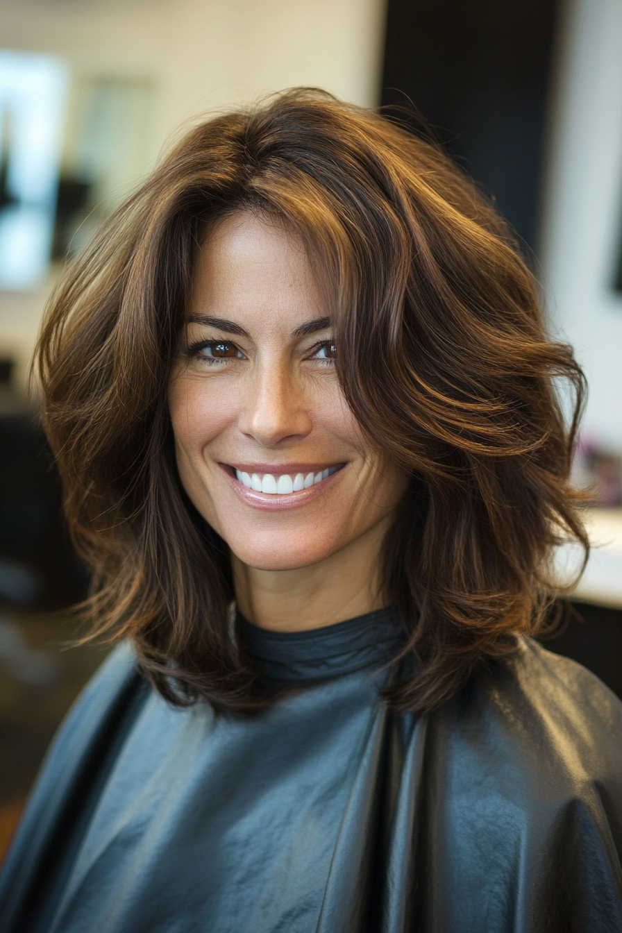 14. Shoulder-Length Cut with Face-Framing Layers in Dark Chestnut (Medium Length Haircuts For Women Over 40) - Medium Length Haircuts For Women Over 40