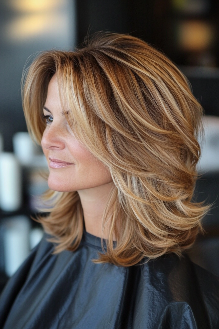 15. Choppy Mid-Length Cut in Golden Brown (Medium Length Haircuts For Women Over 40) - Medium Length Haircuts For Women Over 40