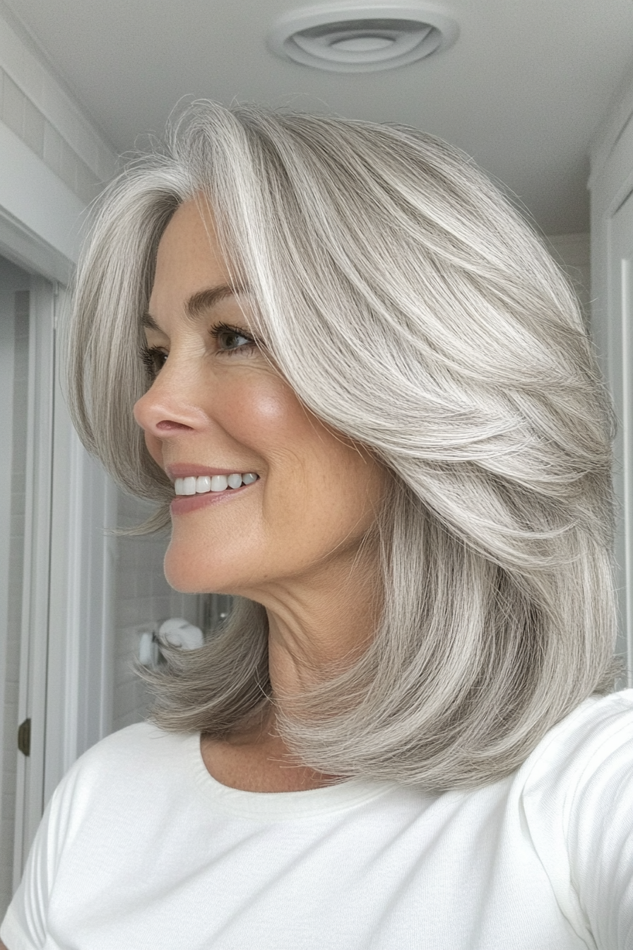 16. Softly Layered Shoulder Cut in Natural Silver (Medium Length Haircuts For Women Over 40) - Medium Length Haircuts For Women Over 40