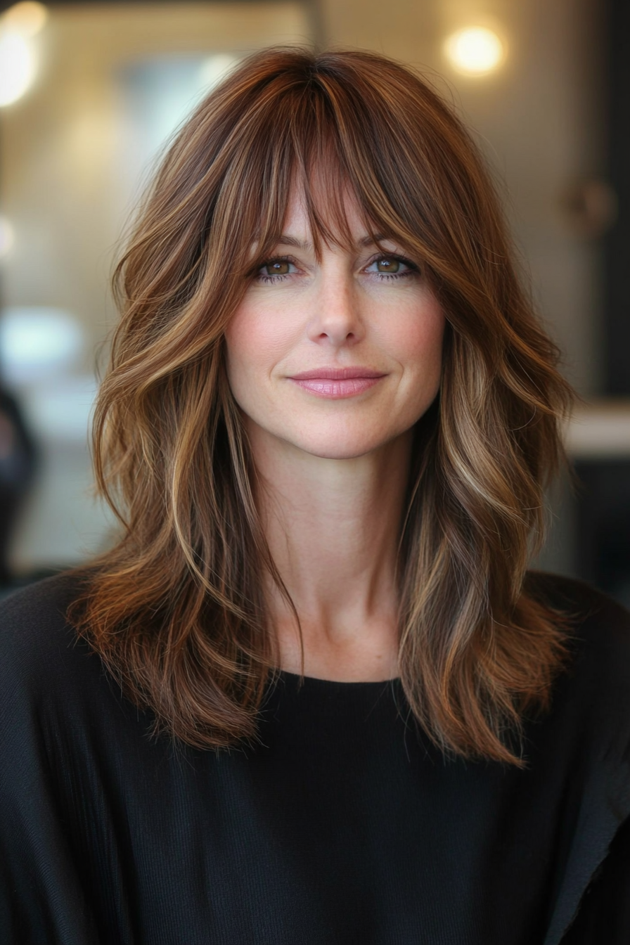 17. Angled Medium Cut with Subtle Bangs in Warm Brown (Medium Length Haircuts For Women Over 40) - Medium Length Haircuts For Women Over 40