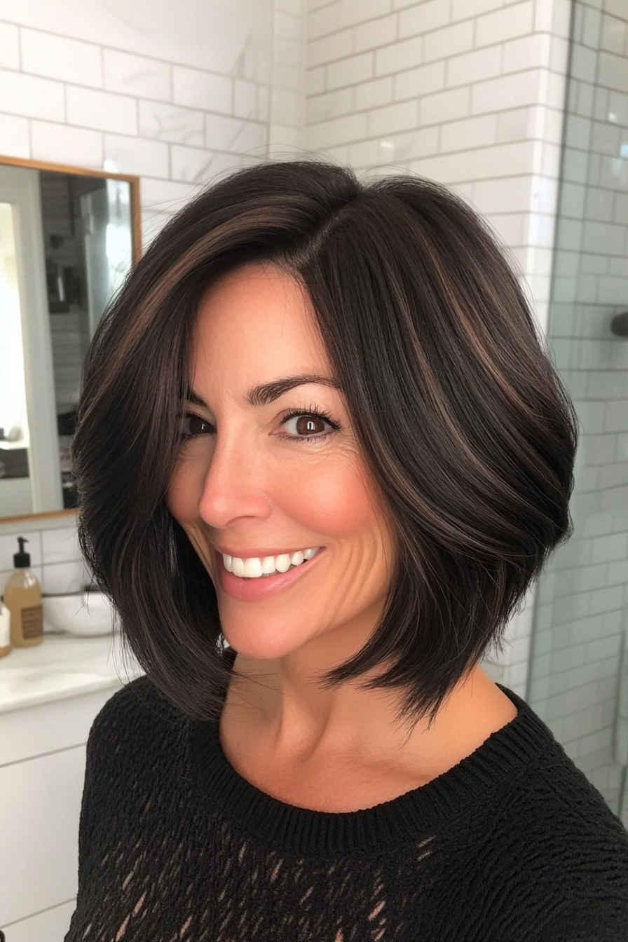 18. Mid-Length Bob with Tucked Ends in Rich Black-Brown (Medium Length Haircuts For Women Over 40) - Medium Length Haircuts For Women Over 40