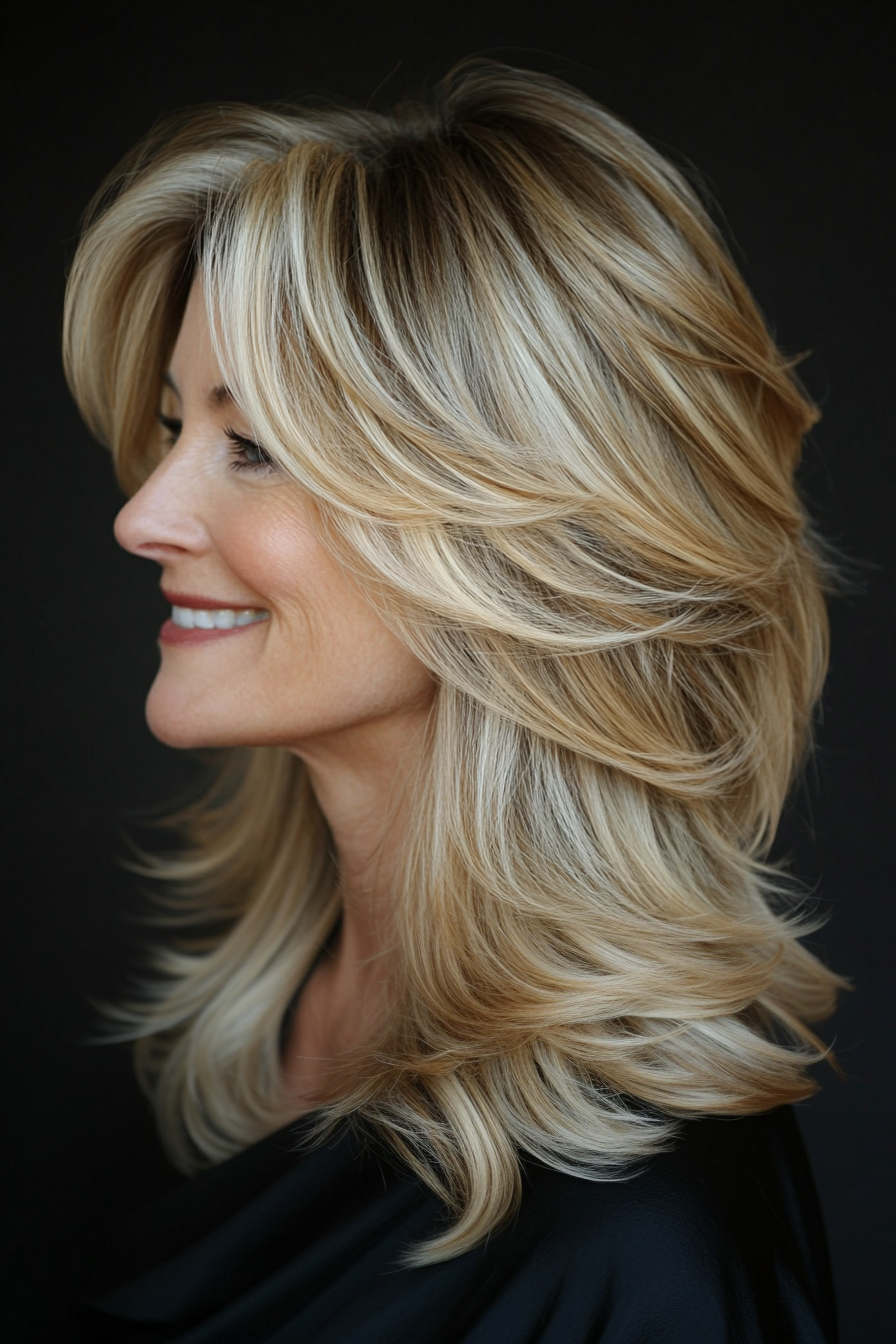 19. Shaggy Layers with Volume in Medium Blonde (Medium Length Haircuts For Women Over 40) - Medium Length Haircuts For Women Over 40