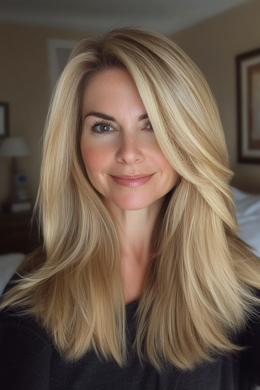 21. Curtain Layers in Soft Golden Blonde (Medium Length Haircuts For Women Over 40) - Medium Length Haircuts For Women Over 40