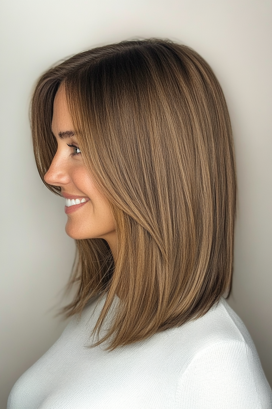 22. One-Length Shoulder Cut in Light Brown (Medium Length Haircuts For Women Over 40) - Medium Length Haircuts For Women Over 40