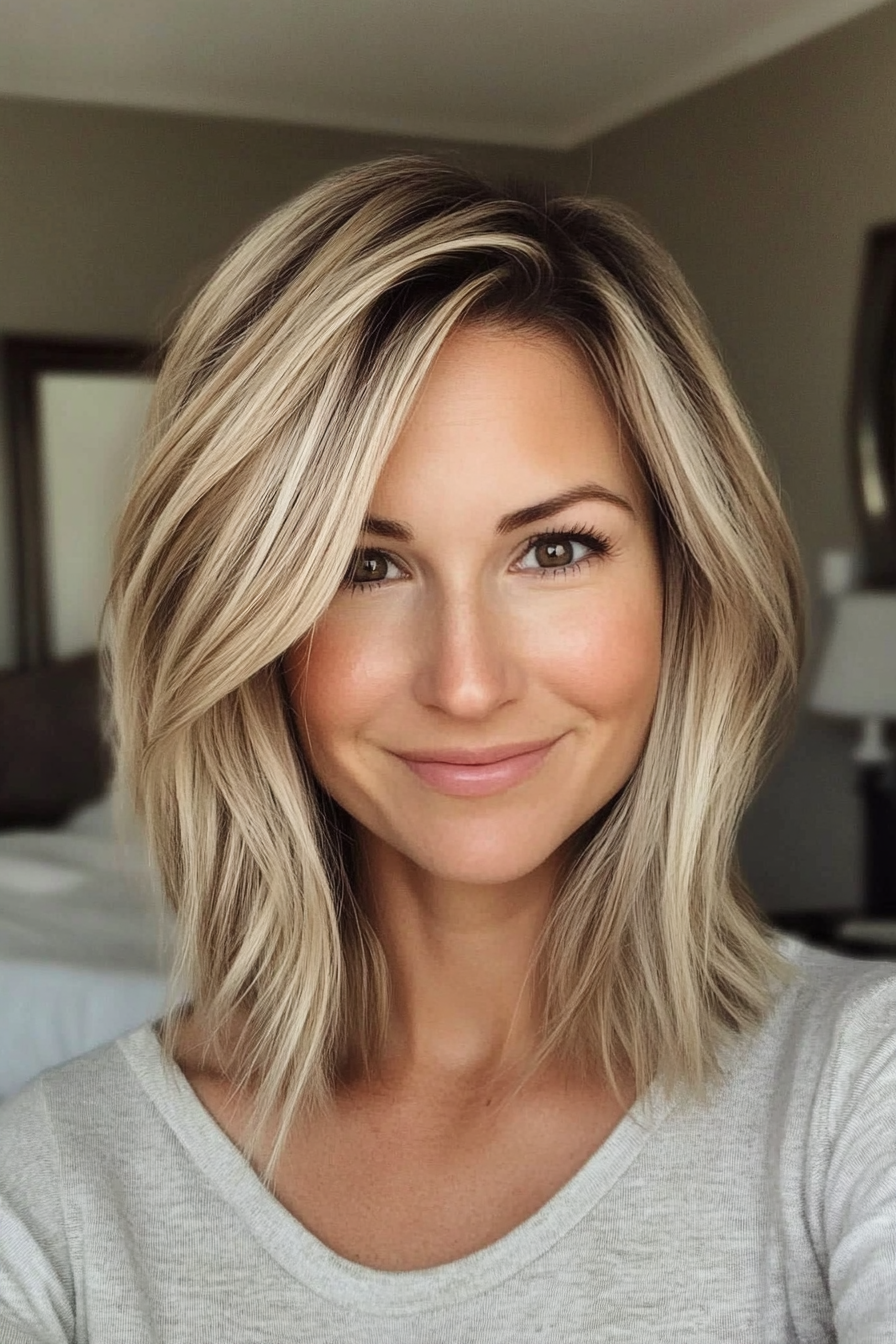 24. Collarbone Bob with Long Layers in Dark Blonde (Medium Length Haircuts For Women Over 40) - Medium Length Haircuts For Women Over 40