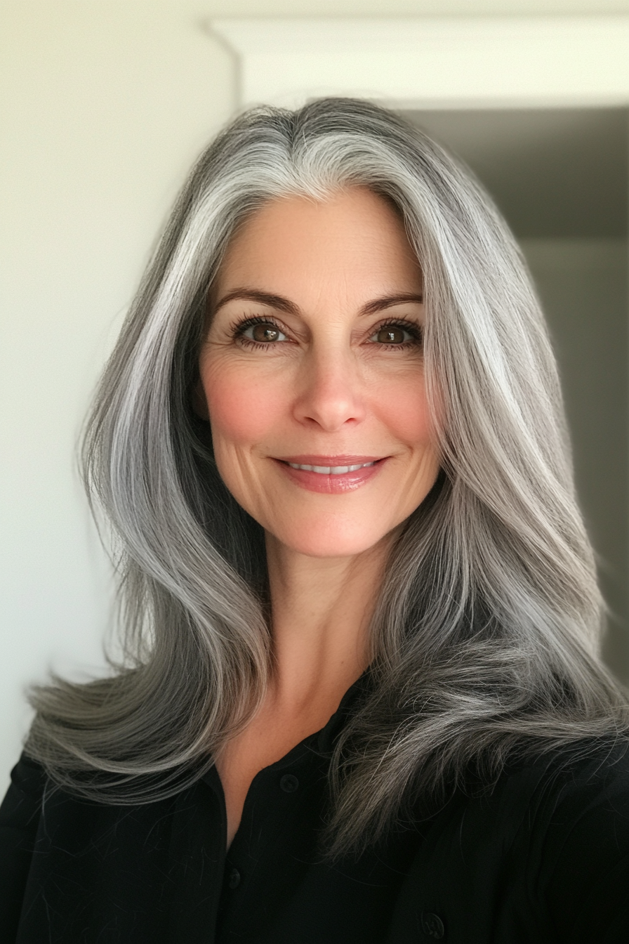 25. Classic Shoulder-Length Cut in Warm Gray (Medium Length Haircuts For Women Over 40) - Medium Length Haircuts For Women Over 40