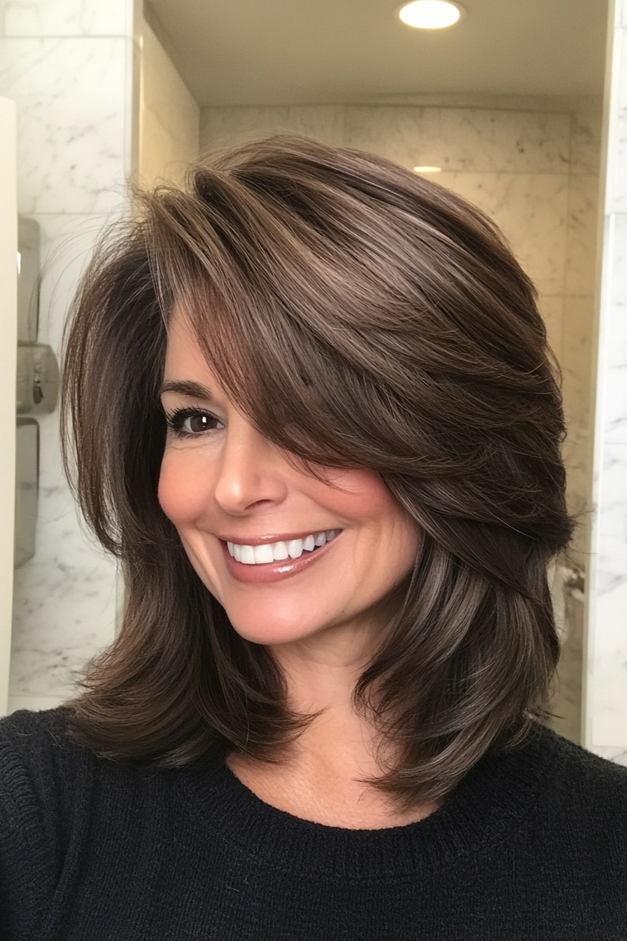 26. Rounded Layers with Side Bangs in Natural Brunette (Medium Length Haircuts For Women Over 40) - Medium Length Haircuts For Women Over 40
