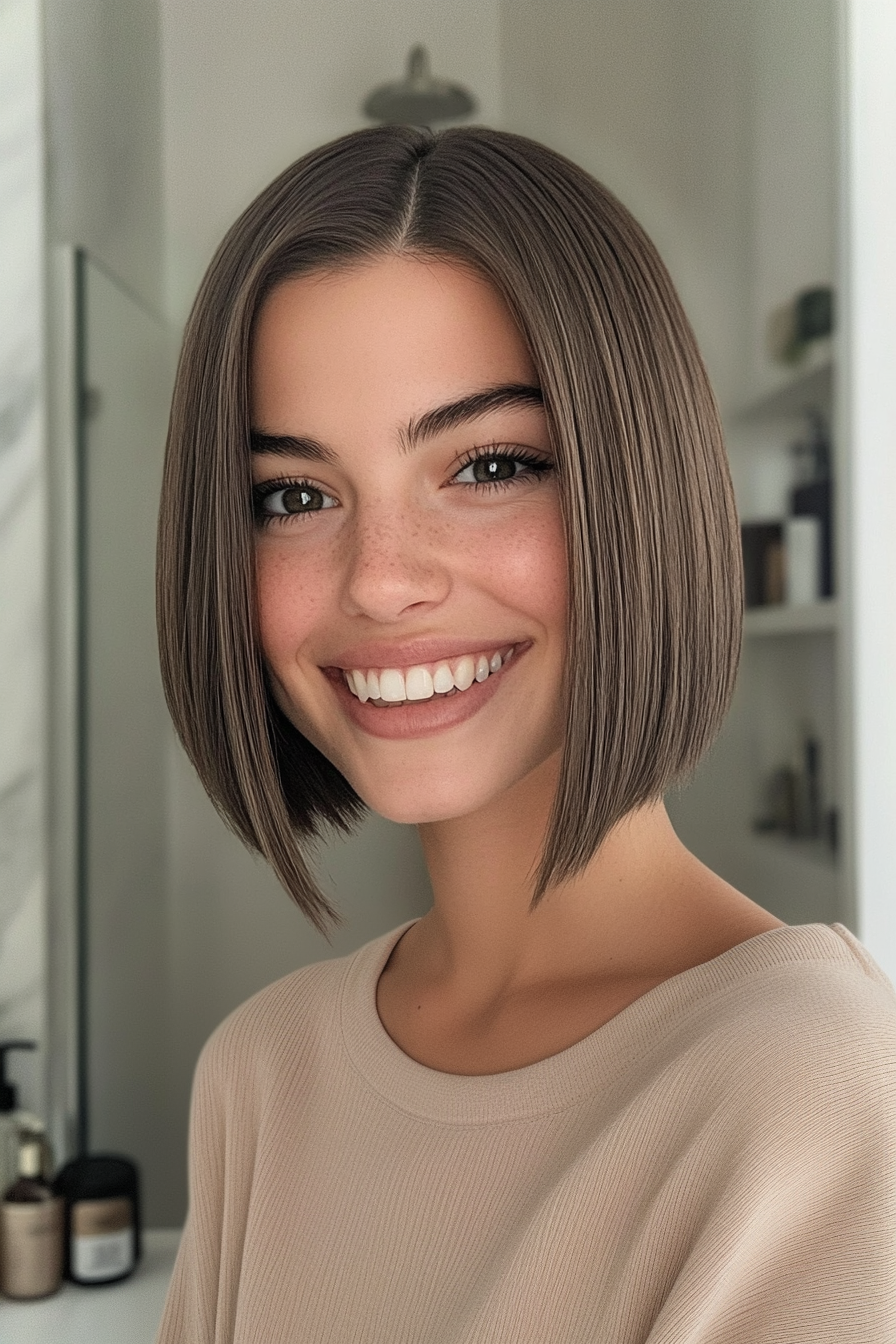 2. Classic Ash Brown Blunt Bob (Medium Bob Hairstyles) - Medium Bob Hairstyles