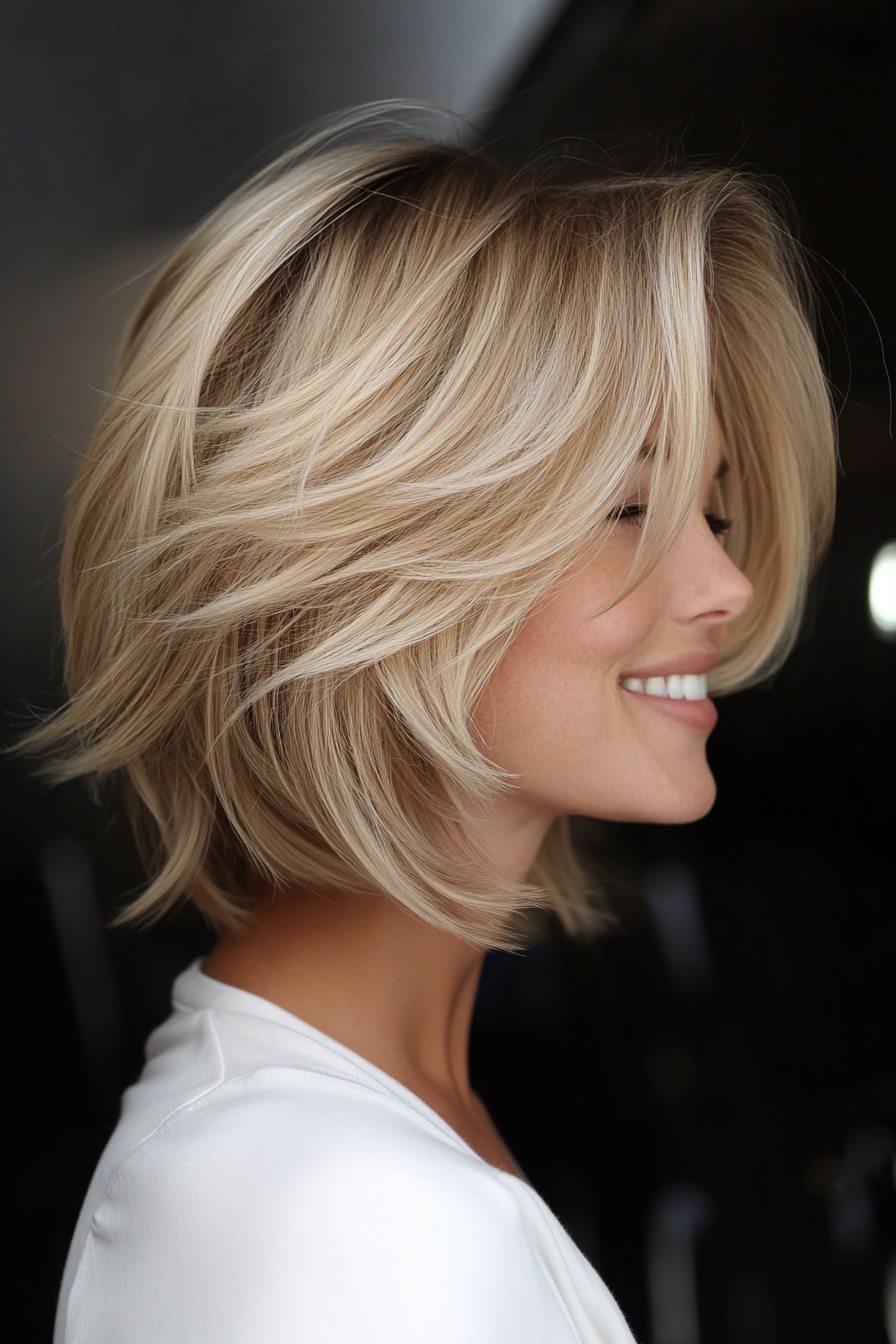 4. Feathered Sandy Blonde Bob (Medium Bob Hairstyles) - Medium Bob Hairstyles