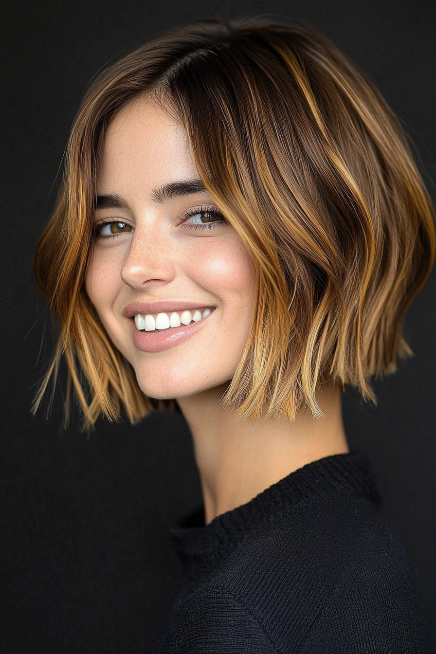 6. Choppy Caramel Bob with Side Part (Medium Bob Hairstyles) - Medium Bob Hairstyles