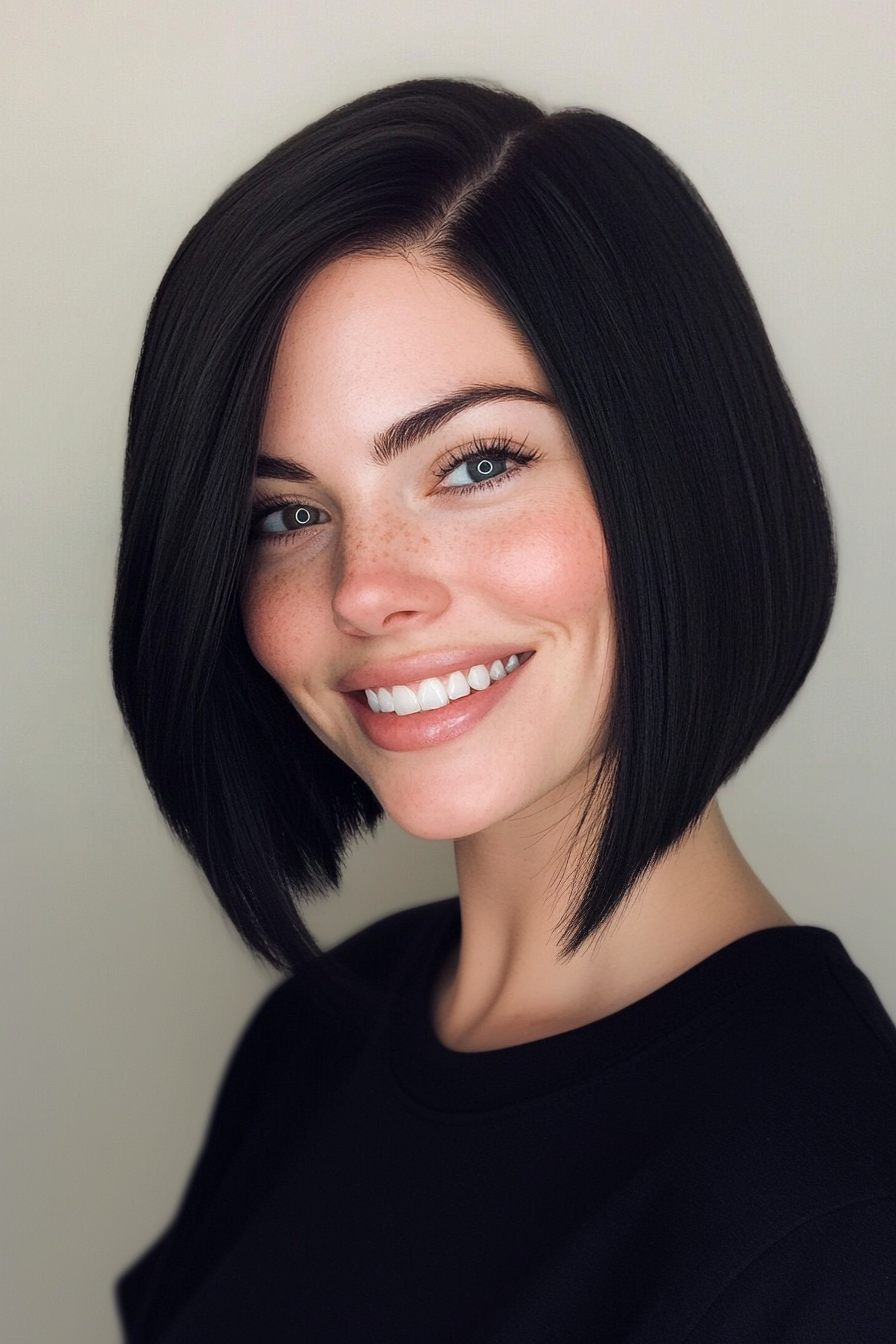 7. Sleek Jet Black Angled Bob (Medium Bob Hairstyles) - Medium Bob Hairstyles